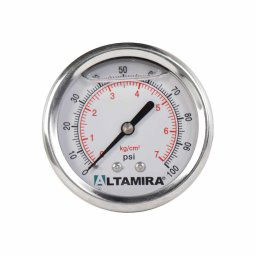 Manómetro con Glicerina de 0-100 Psi Marca Altamira Con Carátula De 2.5" Conexión Trasera De 1/4" Rosca NPT Macho