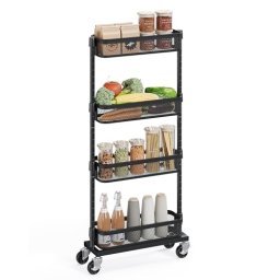 WPT Estante de cocina de 4 niveles con ruedas, soporte para microondas,  estante de almacenamiento con patas ajustables, color negro