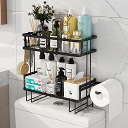  UDEAR - Estante de baño de 3 niveles para ahorrar espacio,  instalación vertical sobre el inodoro o lavadora, accesorios de  organización de almacenamiento, con barra para colgar, color negro : Todo