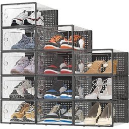 Paquete de 12 cajas organizadoras de zapatos, contenedores apilables de  plástico negro para almacenamiento de zapatos para armario, ahorro de  espacio