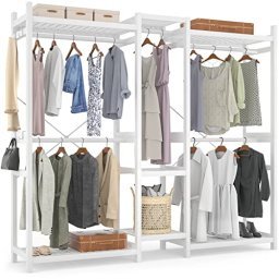 HOKEEPER Organizador de armario independiente con cajones y ganchos,  perchero de metal resistente con estantes, armario para colgar ropa,  armario
