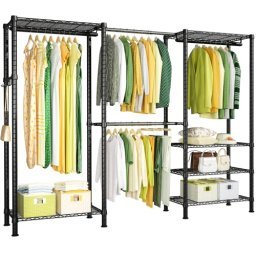 Perchero de metal con 2 estantes de madera, perchero dorado resistente y  independiente para colgar ropa, tienda de boutique, 59 pulgadas