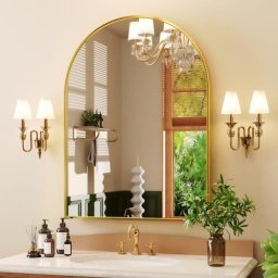  Espejo de baño LED de 18 x 36 pulgadas con antiempañamiento,  regulador, temperatura de color ajustable, espejo LED inteligente con  cepillo marco dorado : Hogar y Cocina