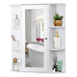  Armario de espejo de baño con estantes interiores de 2 niveles,  armario de almacenamiento montado en la pared, espejo de maquillaje HD para  tocador, dormitorio, sala de estar, blanco (31.5 x