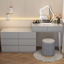 Tocador con luces con brillo ajustable, mesa con cajón grande y resistente  para dormitorio y estudio, color blanco