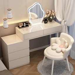 Escritorio de maquillaje con espejo redondo y luces, mesa de maquillaje  blanca, pequeña mesa de tocador para dormitorio con mucho almacenamiento, 3