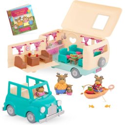 Li’l Woodzeez Set Figuras Animales Familia de Alces con Coche de Juguete Barco de pesca y Caravana con Accesorios