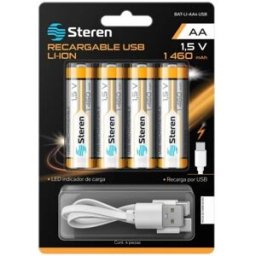 Pilas Recargables Steren BAT-LI-AA4 USB - Litio Ion · Tamaño AA 1.5V · Paquete de 4 Unidades con Carga USB-C e Indicador LED