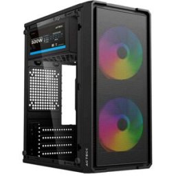 Gabinete Gamer ACTECK Doom Ultra Mesh GI75OM - Mini Torre Compatible Micro ATX/Mini ITX · 2 ventiladores FRGB · Fuente 500W · Cristal templado · Color negro