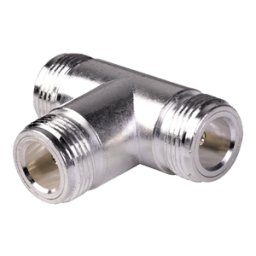 Adaptador en T RF Industries RFN-1011-1 - Acoplamiento · Triple Conectores N Hembra · Plata, Oro y Teflón · Uso en Sistemas de RF y Telecomunicaciones