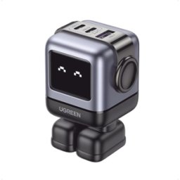 Cargador Robotgan de 65W Serie Uno UGREEN 15570B - 3 Puertos de Carga Rápida - 2 USB-C - 1 USB-a - Pd 3.0 - QC 4.0 - Carga Inteligente - Tecnología Gan II - Zapato Magnético Extraíble - Carcasa Ignifuga - Pantalla LED