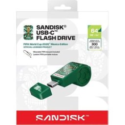 Memoria USB SanDisk SDCZIA-064G-G46G - 64 GB · USB Tipo C · Velocidad Lectura 300 MB/s Edición México Copa Mundial FIFA 2026 · Diseño Compacto