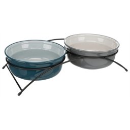 TRIXIE VOERBAK-SET KERAMIEK / METAAL PETROL / GRIJS 2X1,6 LTR