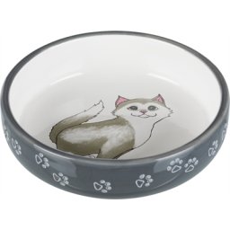 TRIXIE VOERBAK / WATERBAK PLAT KAT / POTEN KERAMIEK GRIJS / WIT 15 CM 300 ML 4 ST