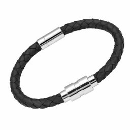 Zwart Leren Aurora Armband, ronde RVS Asruimte
