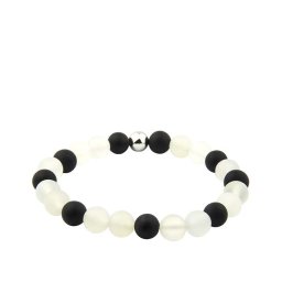 Wit Calcedoon, Zwart Agaat Rek-Armbandje, Zilver Asreservoir