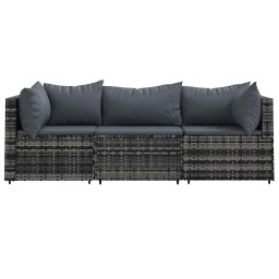 vidaXL 3-delige Loungeset met kussens poly rattan grijs