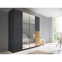 Kledingkast OTAMENDI 4 deuren 5 lades met spiegel metaalgrijs/artisan eik