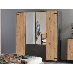 Kledingkast BUTTO 4 deuren 2 lades 181 cm artisan eik/metaalgrijs met spiegel