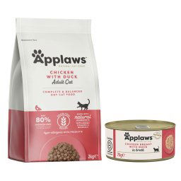 2kg Adult Kip & Eend + 6x70g Kippenborst met Eend Applaws Droog- en Natvoer Kattenvoer