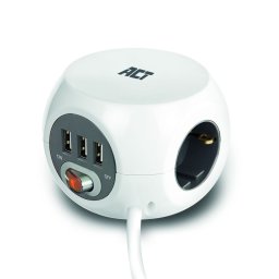 ACT AC2410 Vierkante stekkerdoos (PDU)/Powerblok | 3 Sockets Type F | 3 USB-A poorten | Wit
