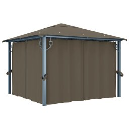 vidaXL Prieel met gordijn en LED-lichtslinger 3x3 m aluminium taupe
