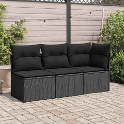 vidaXL Tuinbank met kussens 3-zits zwart poly rattan