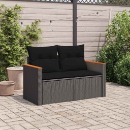 vidaXL Tuinbank met kussens 2-zits zwart poly rattan
