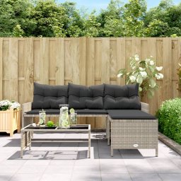 vidaXL Tuinbank met tafel en kussens L-vormig poly rattan lichtgrijs