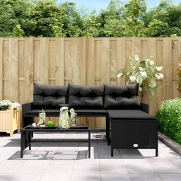 vidaXL Tuinbank met tafel en kussens L-vormig poly rattan zwart