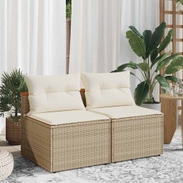 vidaXL Tuinbanken 2 st zonder armleuning met kussens poly rattan beige