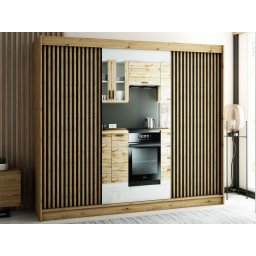 Kledingkast LAMORA 3 schuifdeuren 250 cm artisan eik met spiegel