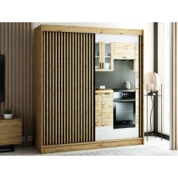Kledingkast LAMORA 2 schuifdeuren 200 cm artisan eik met spiegel