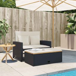 vidaXL Tuinbank 2-zits met kussens poly rattan en acaciahout zwart