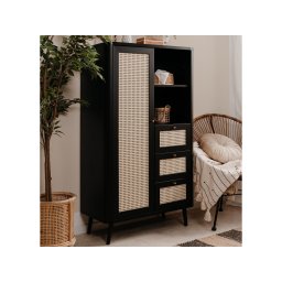Hoge commode KUBALIBRE 1 deur 3 lades zwart/rotan print