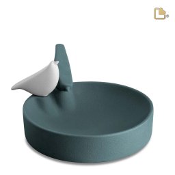 LoveUrns Forever Porcelain Waterbak, 2 Vogeltjes Wit - Mosgroen