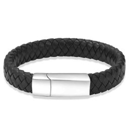 Zwart Lederen Aurora Armband met Zilveren RVS Asruimte