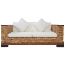 vidaXL Tweezitsbank met kussens natuurlijk rattan bruin