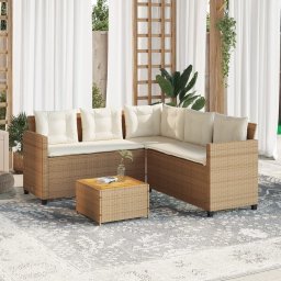 vidaXL Tuinbank met tafel en kussens L-vormig poly rattan beige