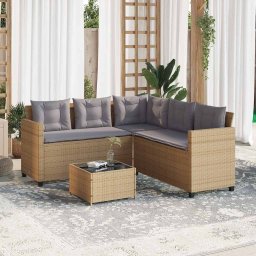 vidaXL Tuinbank met tafel en kussens L-vormig poly rattan beige