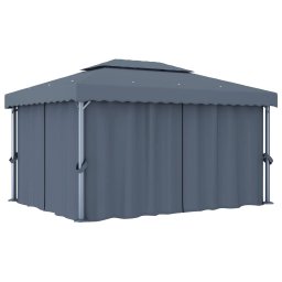 vidaXL Prieel met gordijn en LED-lichtslinger 4x3 m antracietkleurig