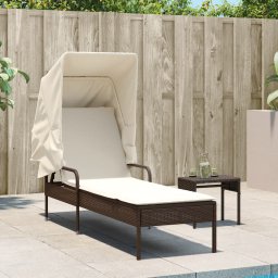 vidaXL Ligbed met luifel en tafel poly rattan bruin