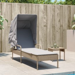 vidaXL Ligbed met luifel en tafel poly rattan beige