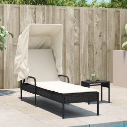 vidaXL Ligbed met luifel en tafel poly rattan zwart