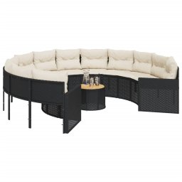 vidaXL Tuinbank met tafel en kussens rond poly rattan zwart
