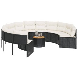 vidaXL Tuinbank met tafel en kussens rond poly rattan zwart