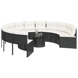 vidaXL Tuinbank met tafel en kussens rond poly rattan zwart