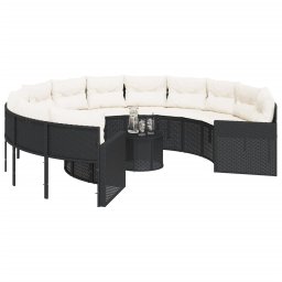 vidaXL Tuinbank met tafel en kussens rond poly rattan zwart