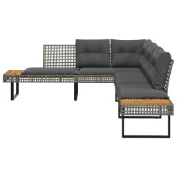 vidaXL Tuinbank met kussens L-vormig poly rattan en acaciahout grijs
