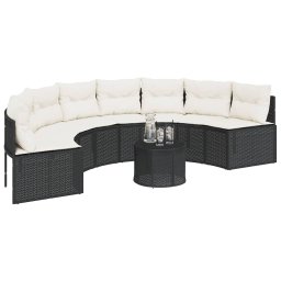 vidaXL Tuinbank met tafel en kussens halfrond poly rattan zwart